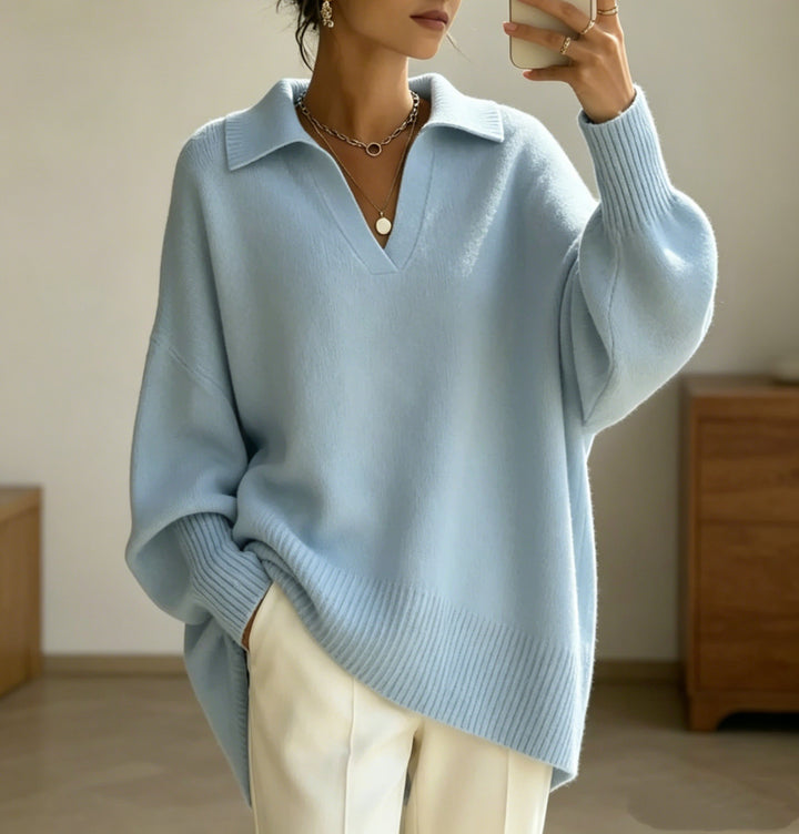 Damen Oversize-Polokragen V-Ausschnitt Strickpullover mit Ballonärmeln – Mavelle