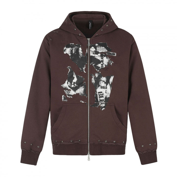 [Herren] Kapuzensweatjacke mit durchgehendem Reißverschluss, Vintage‑Print und Nietenbesatz Echo Archiv
