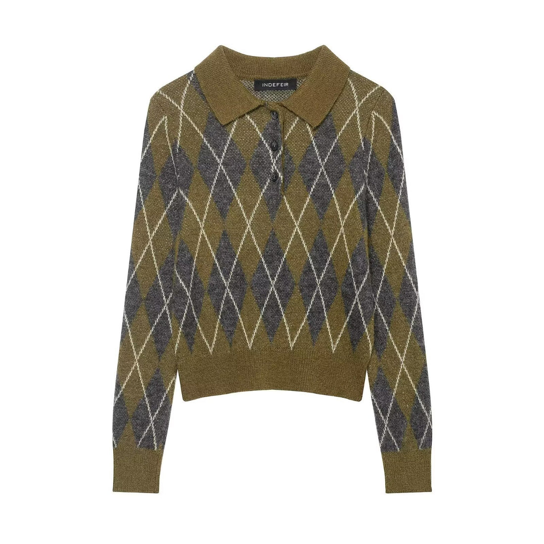 Damen Kurzgeschnittener Argyle‑Polo‑Pullover aus feinem Strukturstrick Echoarchiv