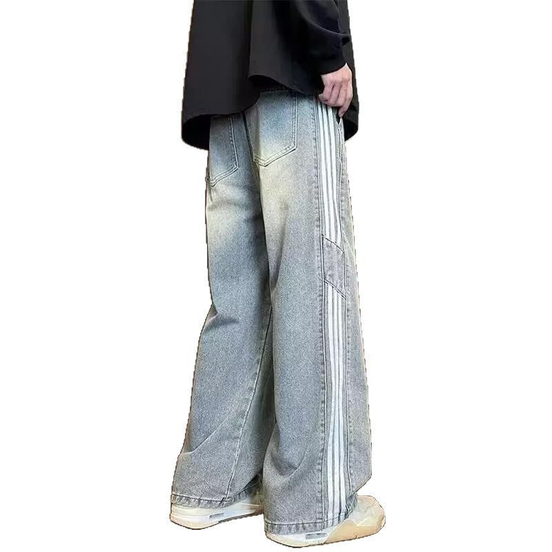Herren weit geschnittene Denim-Hose mit seitlichen Streifen und Taschen Echoarchiv