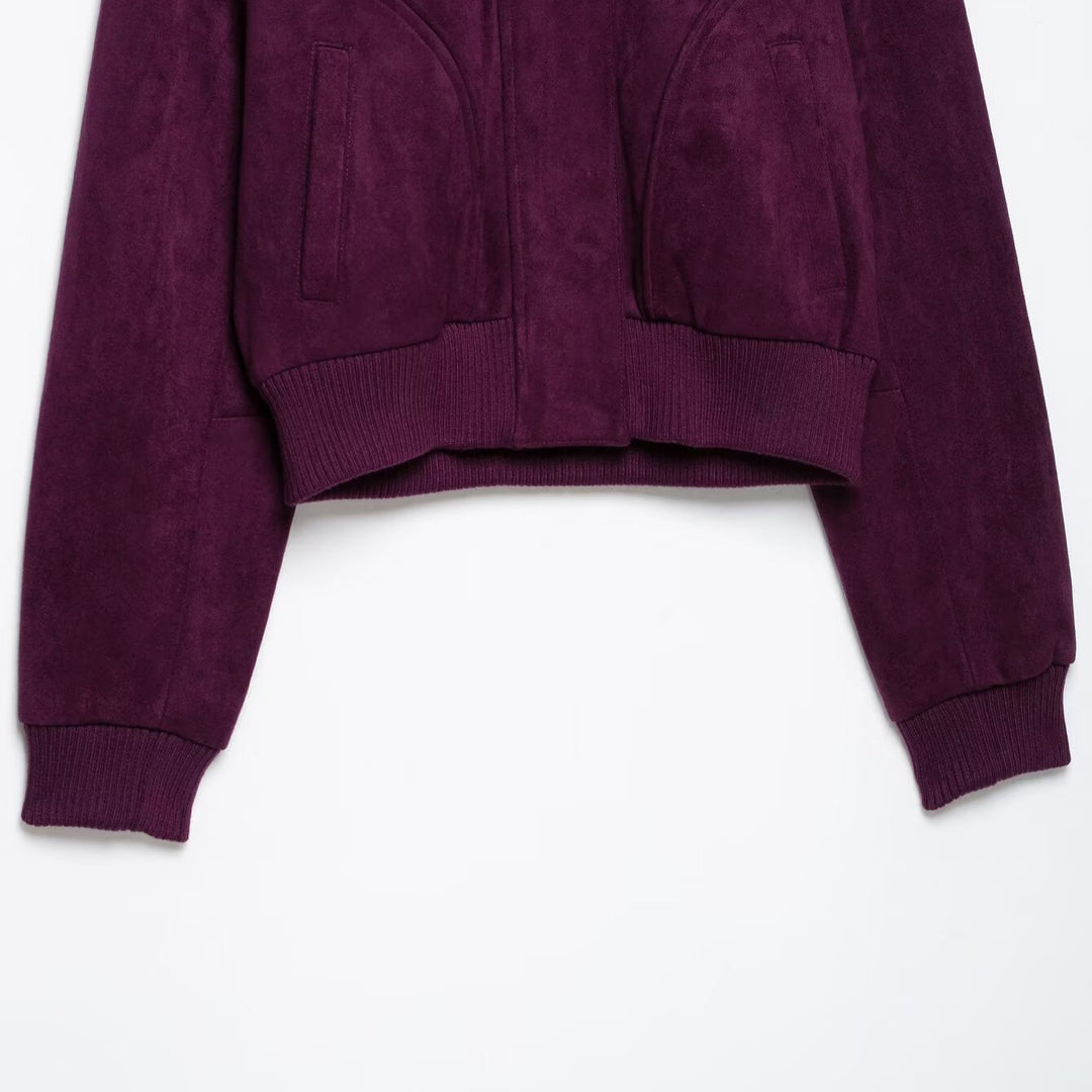 Damen Cropped Veloursjacke im Bomberstil mit hohem Rippkragen und Taillenbündchen Echoarchiv
