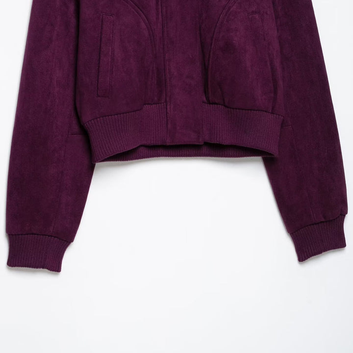 Damen Cropped Veloursjacke im Bomberstil mit hohem Rippkragen und Taillenbündchen Echoarchiv