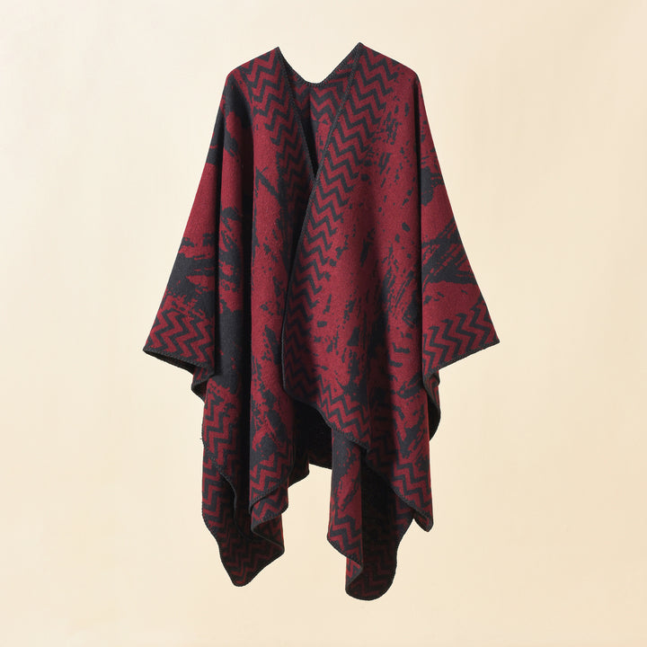 Damen Strick‑Ruana mit abstraktem Jacquard und Kettelsaum Echo Archiv