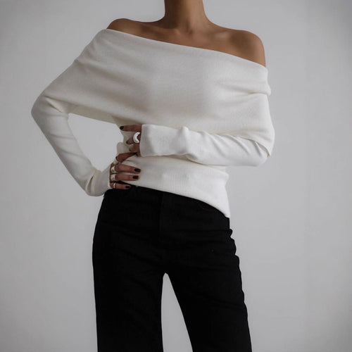 Damen schulterfreier Feinstrick-Pullover mit umlegbarem Carmenkragen Echo Archiv