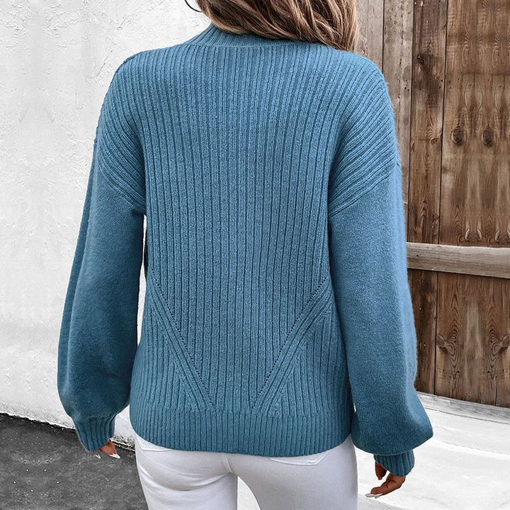 Damen Reißverschluss-Strickjacke mit Stehkragen, Rippenstruktur und Ballonärmeln – Veloura