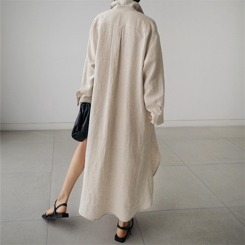 Damen Langes Leichtes Hemdblusen-Midaxi-Kleid mit Kentkragen und hohen Seitenschlitzen – Élara