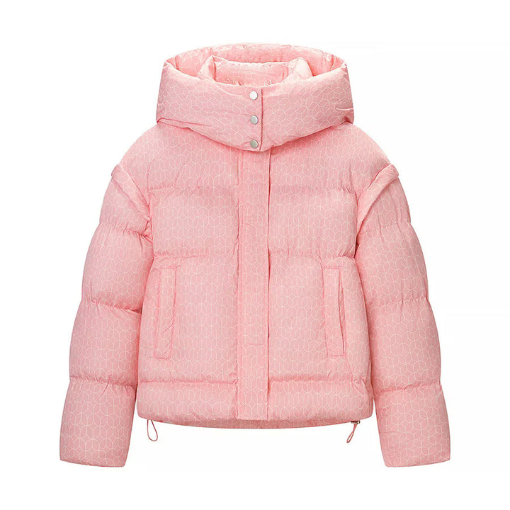 Damen kurze Boxy-Steppjacke mit grafischem Quiltmuster, großer Kapuze, verdeckter Druckknopfleiste und Tunnelzugsaum – Célinea