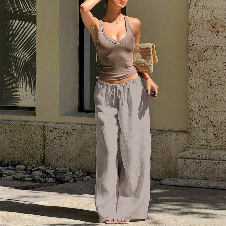 Damen weite Leinenhose im Culotte-Stil mit elastischem Bund und Kordelzug – Avérine