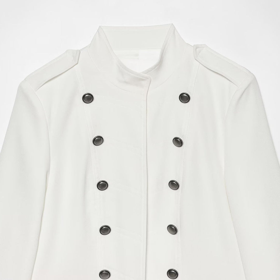 Damen Kurze militärisch-inspirierte Doppelreihige Jacke mit Stehkragen und Pattentaschen Echoarchiv