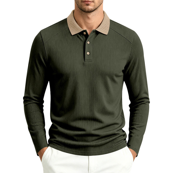 Herren Langarm-Poloshirt mit gerippter Kontrastkragen und feiner Waffelstruktur Echoarchiv