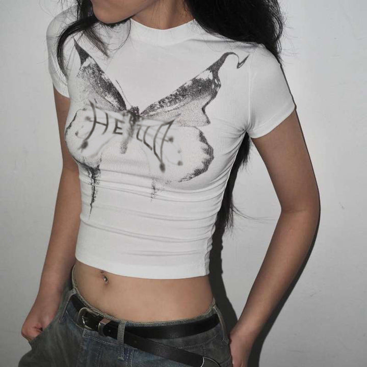 Damen Kurzarm-T-Shirt mit elegantem Schmetterlingsdesign und Stehkragen Echo Archiv