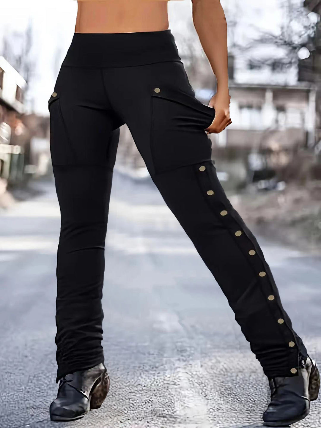 Damen High‑Waist Stretch‑Leggings mit Cargo‑Taschen und Druckknopfdetail – Avélisse