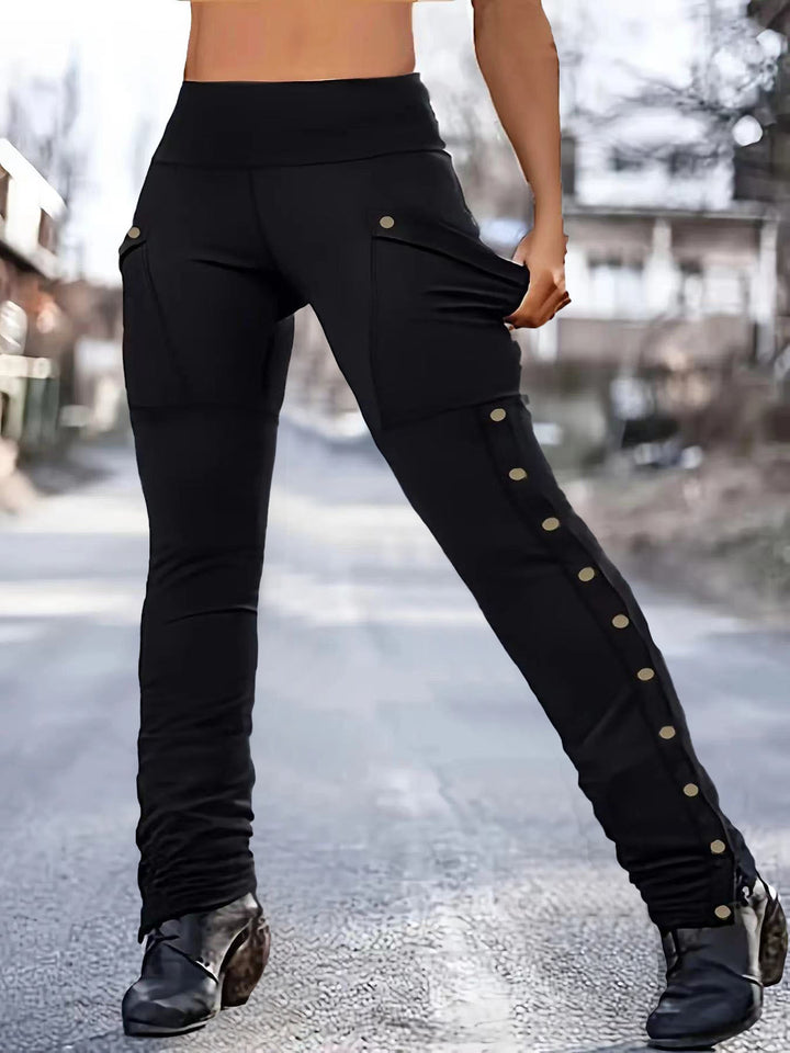 Damen High‑Waist Stretch‑Leggings mit Cargo‑Taschen und Druckknopfdetail – Avélisse