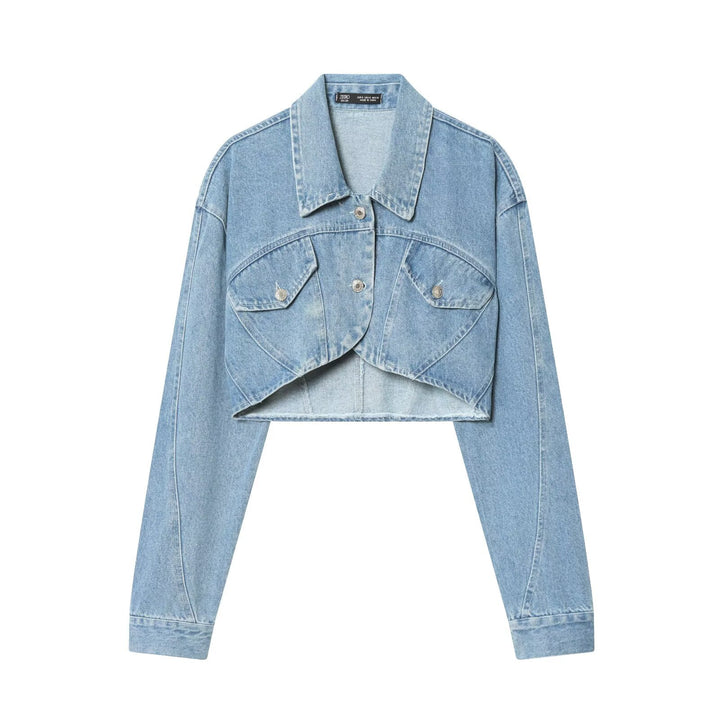 Damen Cropped Jeansjacke mit asymmetrischem Saum und aufgesetzten Pattentaschen Echoarchiv