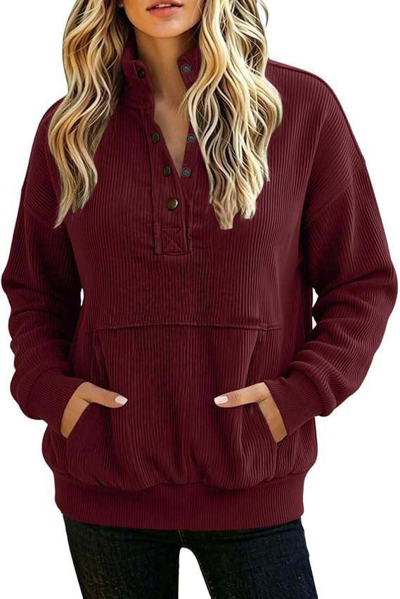 Damen gerippter Henley-Pullover mit Stehkragen und Kängurutasche Echoarchiv