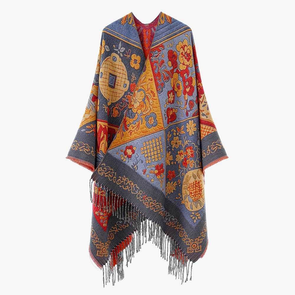 Damen Jacquard‑Gewebter Fransenponcho im Tapisserie‑Look Echo Archiv