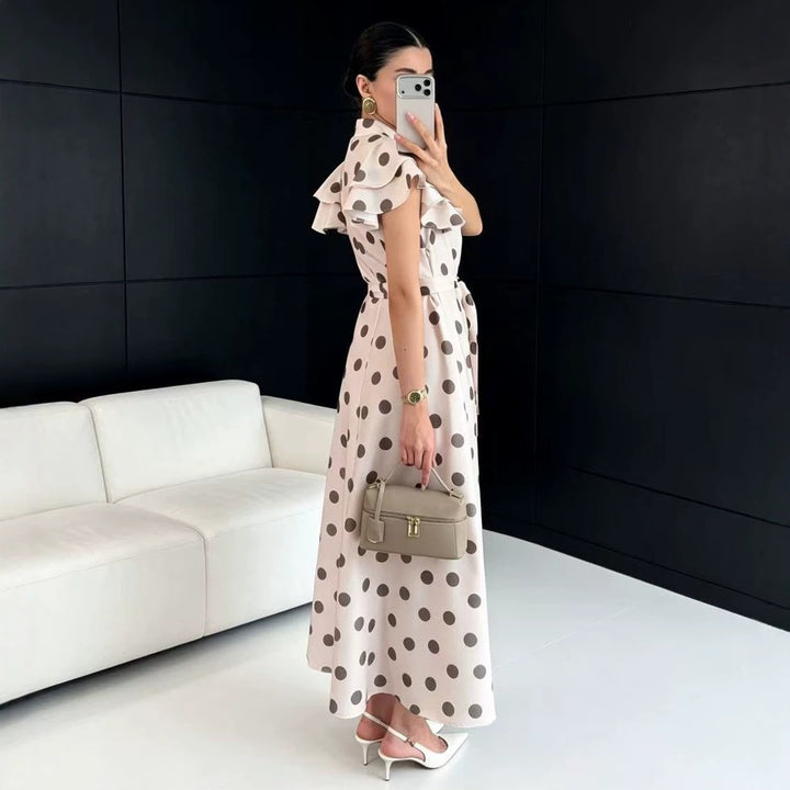 Damen Gepunktetes Maxikleid mit Stehkragen, Volantärmeln und Bindegürtel – Valéora