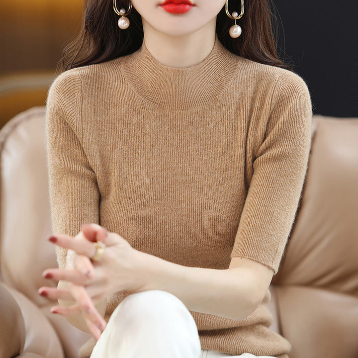 Damen Kurzarm-Feinstrickpullover mit Stehkragen und taillierter Passform Echoarchiv