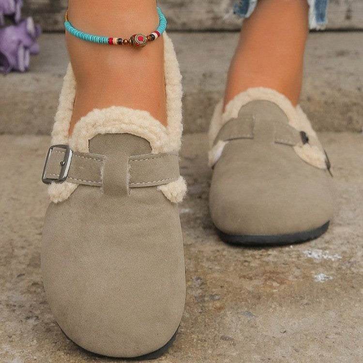 Damen Gefütterte Wildlederoptik-Slipper mit Teddy-Kragen, verstellbarer Schnallenlasche und rutschfester Profilsohle Echo Archiv