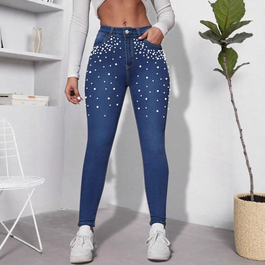 Damen Taillenhohe figurformende Skinny-Jeans mit Perlenbesatz Echo Archiv