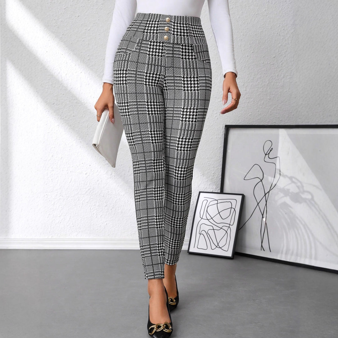 Damen Hochtaillierte Slim-Fit Businesshose mit Glencheck-Muster und Stretch – Avérine