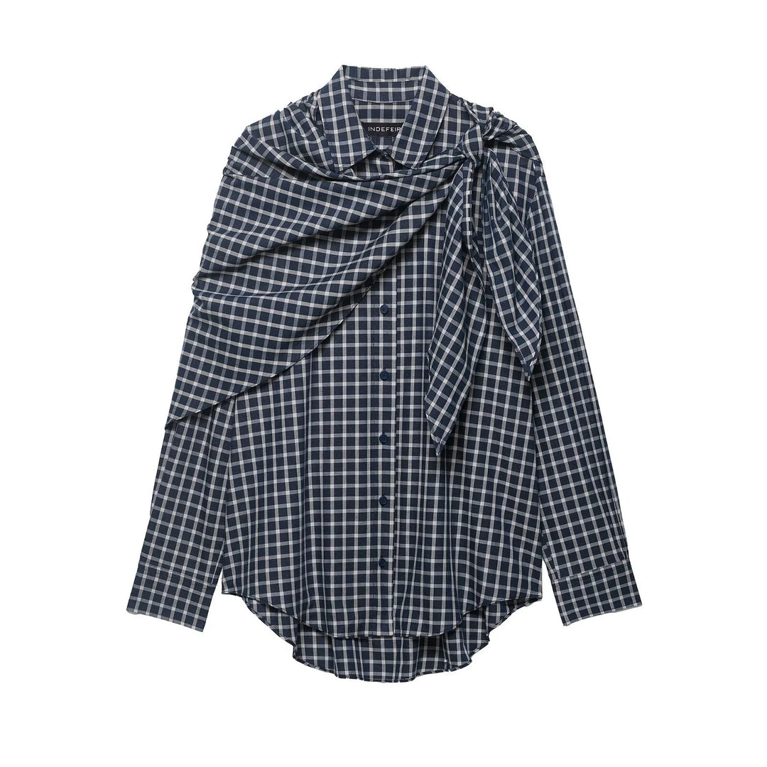 Damen Karierte Bluse mit asymmetrischem Schal‑Drapé und Hemdkragen Echoarchiv