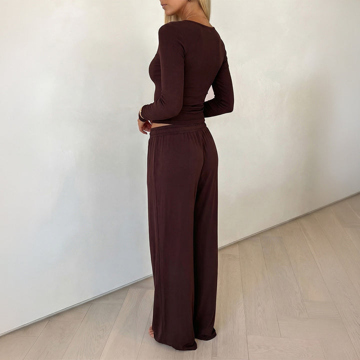 Damen elegantes Lounge-Set mit figurbetontem V-Ausschnitt Longsleeve und weiten Relax-Hosen – Élanora