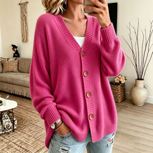 Damen Lockerer Longline-Cardigan mit tiefem V-Ausschnitt und Holzknöpfen – Veloura