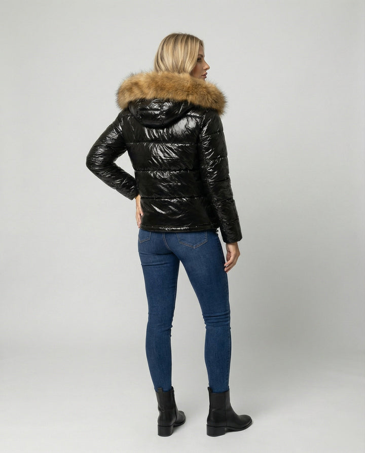 Damen Glänzende Winterjacke mit abnehmbarer Kapuze und Kunstfellkragen Echoarchiv