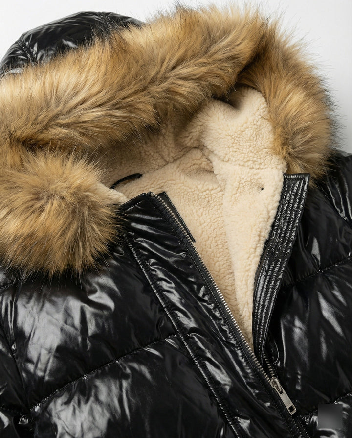 Damen Glänzende Winterjacke mit abnehmbarer Kapuze und Kunstfellkragen Echoarchiv
