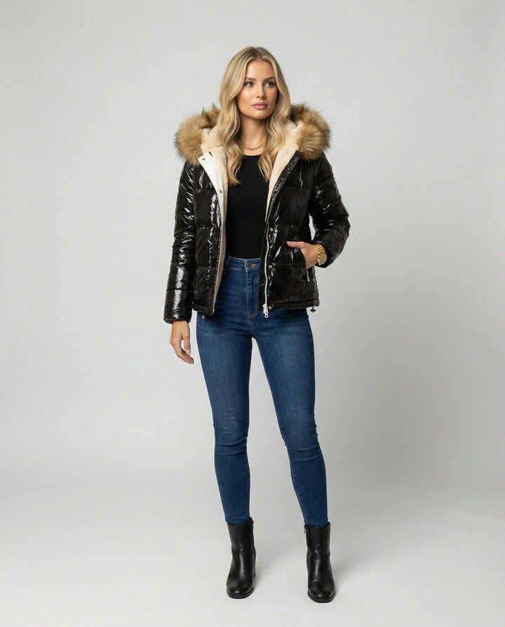 Damen Glänzende Winterjacke mit abnehmbarer Kapuze und Kunstfellkragen Echoarchiv