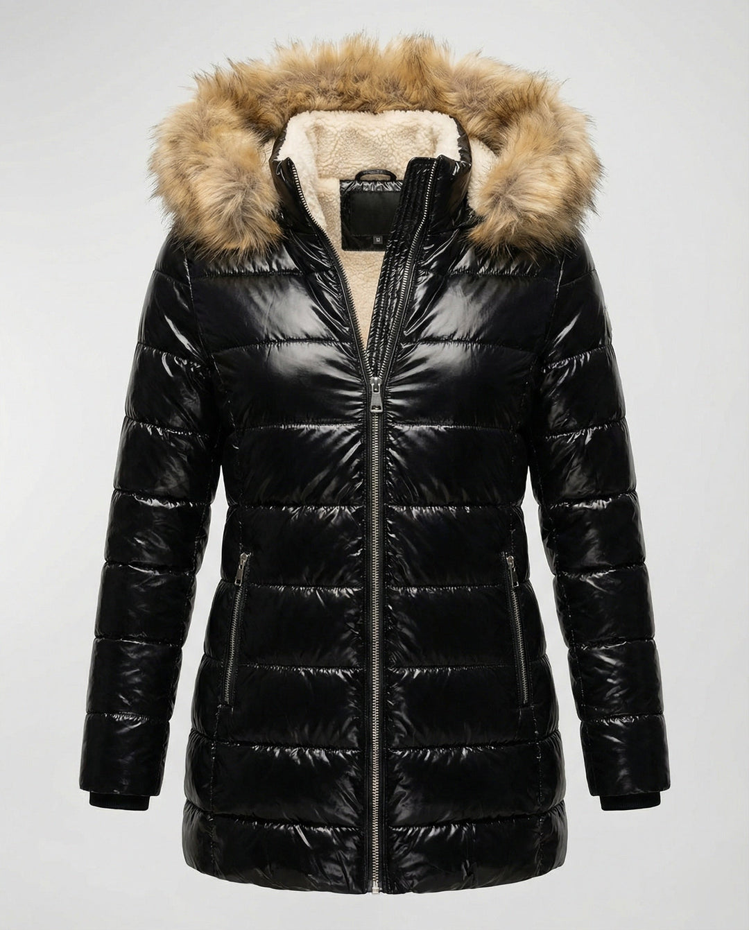 Damen Glänzende Winterjacke mit abnehmbarer Kapuze und Kunstfellkragen Echoarchiv