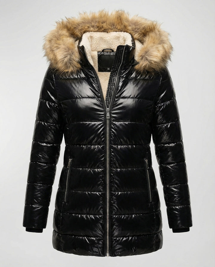 Damen Glänzende Winterjacke mit abnehmbarer Kapuze und Kunstfellkragen Echoarchiv