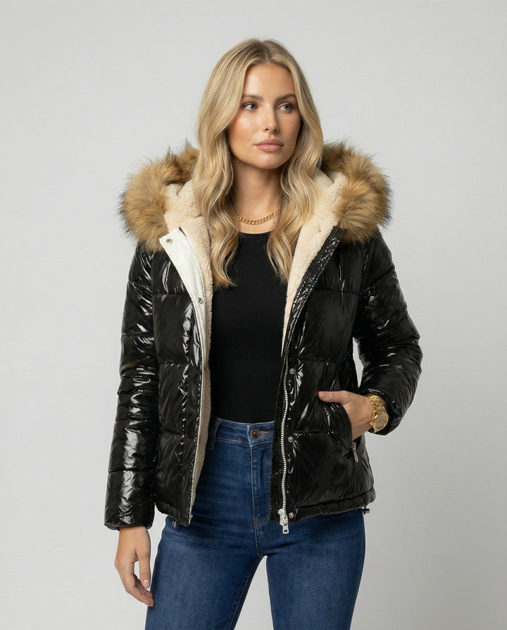 Damen Glänzende Winterjacke mit abnehmbarer Kapuze und Kunstfellkragen Echoarchiv