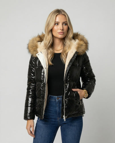 Damen Glänzende Winterjacke mit abnehmbarer Kapuze und Kunstfellkragen Echoarchiv