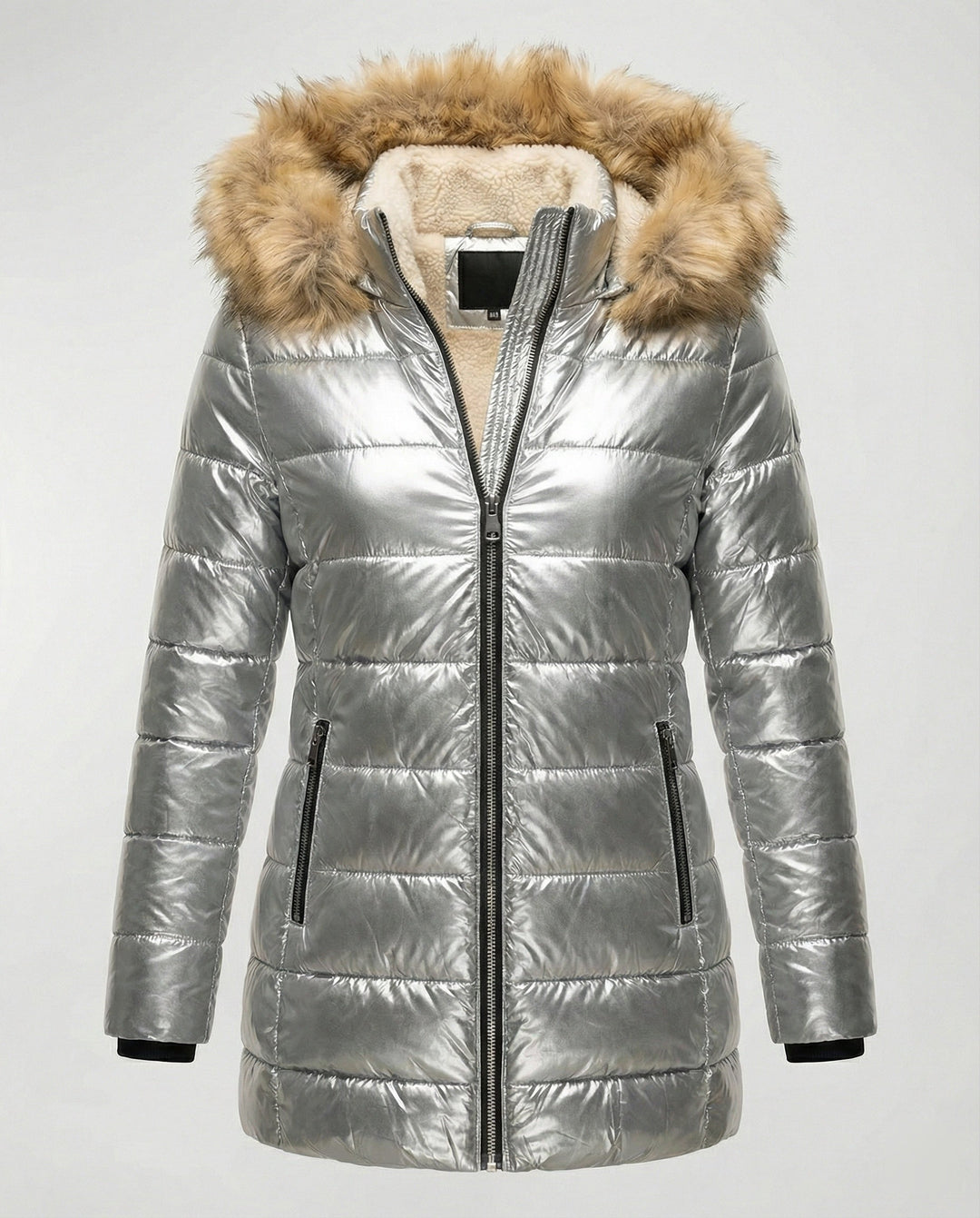Damen Glänzende Winterjacke mit abnehmbarer Kapuze und Kunstfellkragen Echoarchiv