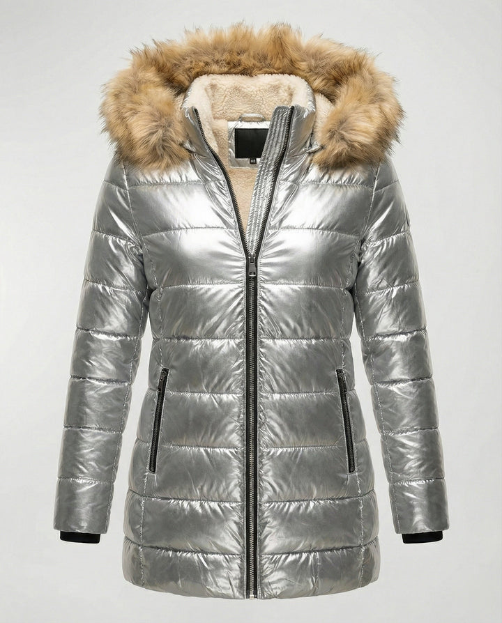 Damen Glänzende Winterjacke mit abnehmbarer Kapuze und Kunstfellkragen Echoarchiv