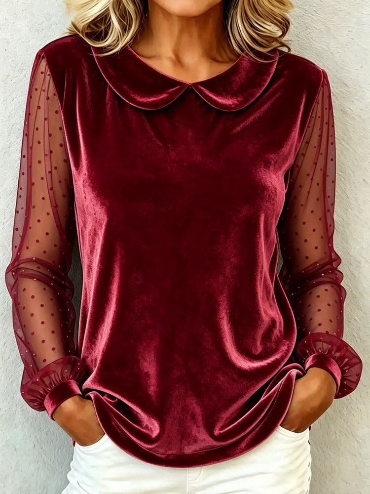 Damen Kuschelige Samtbluse mit Peter-Pan-Kragen und gepunkteten Mesh-Ärmeln – Élovi