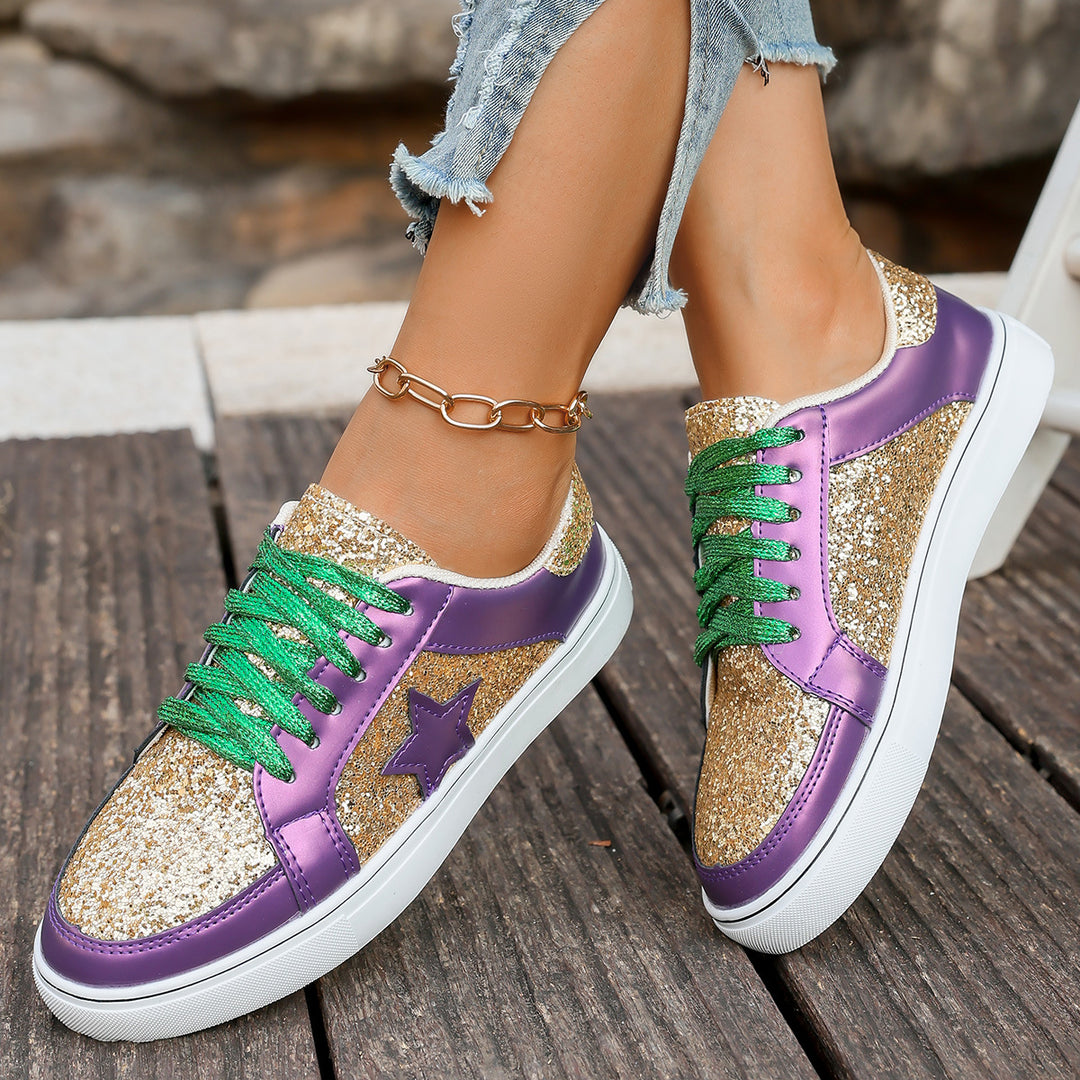 Damen modische Plateausneaker mit Glitzerpanelen, Sternapplikation und gepolsterter Komfortsohle Echo Archiv