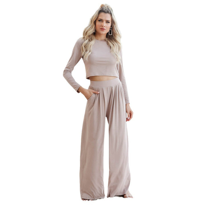 Damen Langarm Cropped Pullover und Hochbund Weite Hose Lounge Set Echoarchiv