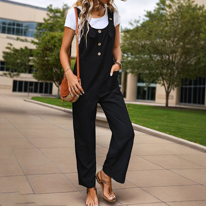Damen Weichfallender Latz-Jumpsuit mit weitem Bein und Holzknopf‑Verschluss Echoarchiv