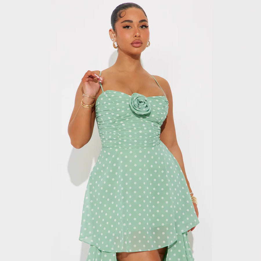Damen Verspieltes Polka-Dots Maxikleid mit asymmetrischem Rock und floralen Akzenten Echo Archiv
