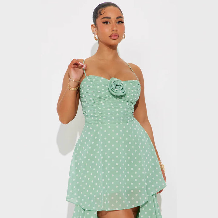 Damen Verspieltes Polka-Dots Maxikleid mit asymmetrischem Rock und floralen Akzenten Echo Archiv