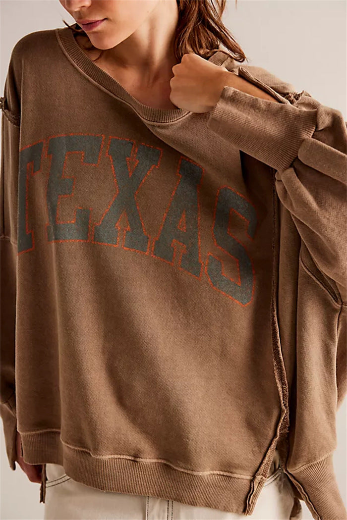 Damen oversized Sweatshirt mit Rüben-Print, ausgefransten Nahtakzenten und Daumenlochärmeln – Avérine