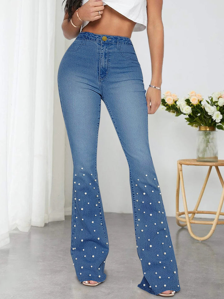 Damen Jeans-Schlaghose mit hoher Taille und Perlenapplikation Echo Archiv
