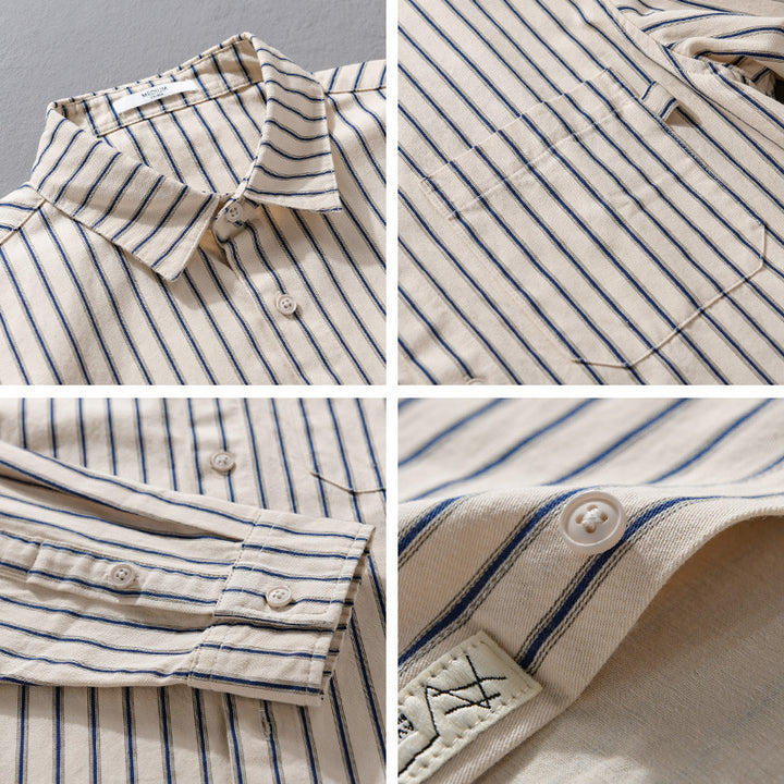 Herren Leichtes Baumwoll-Relaxed-Hemd mit vertikaler Double‑Stripe, Kentkragen und aufgesetzter Brusttasche Echoarchiv