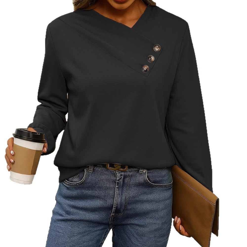 Damen Asymmetrische V-Ausschnitt Bluse mit Zierknopfleiste und Langarm – Élovi