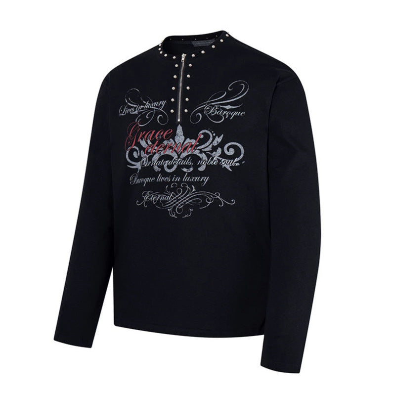 Damen Langarmshirt mit Halb-Reißverschluss, Nietenkragen und Barock-Schriftprint Echoarchiv