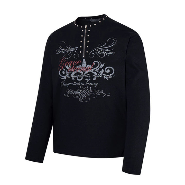 Damen Langarmshirt mit Halb-Reißverschluss, Nietenkragen und Barock-Schriftprint Echoarchiv