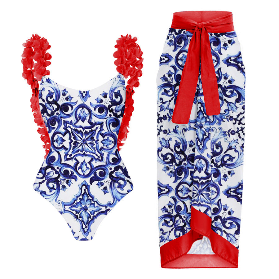 Damen eleganter Badeanzug mit Rüschendetails und passendem Maxirock Echo Archiv